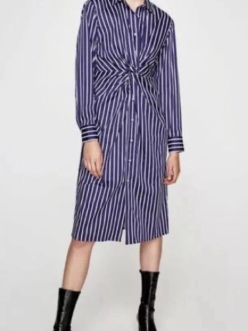 Zara Navy and White Striped Knot-Front Midi Dress